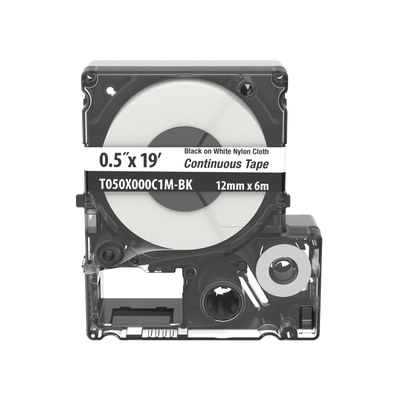 Casete de Etiquetas de Nylon de Cinta Continua, Color Negro Sobre Blanco, Uso Interior/Exterior, 12 (0.5 Pulgadas) mm de Ancho x 6 Metros (19.69 Pies) de Largo