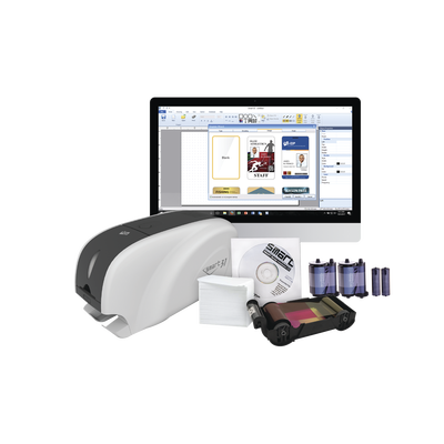Kit Impresora de tarjetas PVC/ Una Cara /incluye: 2 x Ribbons, 100 Tarjetas PVC, Software, Kit Limpieza, Garantia 3 Años, Mascara de Seguridad UV