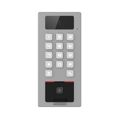 Terminal de Control de Acceso / Videoportero Multiapartamento Llamada a App / Teclado / Exterior Antivandálico IP65 & IK09 / Huella, Tarjeta, Código QR, PIN o App Hik-Connect  / Cámara 2 MP compatible con NVRs