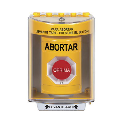 Botón de Abortar, Texto en Español, Tapa Protectora de Policarbonato Súper Resistente, Girar para restablecer