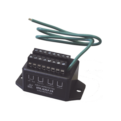 Protector para lazo de 4 pares, para aplicaciones de lectores con formato wiegand : 2 de alimentación de 12 / 24 Vcc, 1 de datos 5 Vcc, 1 señal de 1 Vcc. 