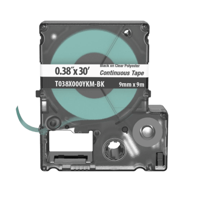 Casete de Etiquetas de Poliéster de Cinta Continua, Color Negro Sobre Transparente, Uso Interior/Exterior, 9 mm de Ancho x 9.1 Metros (29.86 Pies) de Largo
