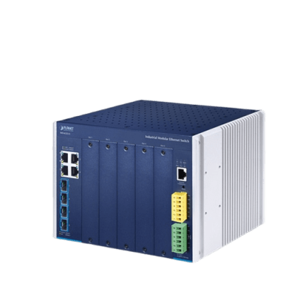 Switch Modular Industrial Capa 3 / 5 Slots / 4 Puertos Gigabit RJ45 / 4 Puertos SFP+ 10G / Rango de Temperatura -40~75°C / Entrada de Potencia Redundante 12-48V / Soporte IPv6/IPv4