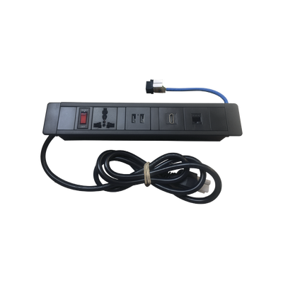 Hub para escritorio color negro,  con 1 Puerto HDMI Hembra-Hembra, 1 Conector RJ45 Cat6, 2 Puertos USB 5V DC /2 A, y 1 Contacto eléctrico universal  (11100-00001)