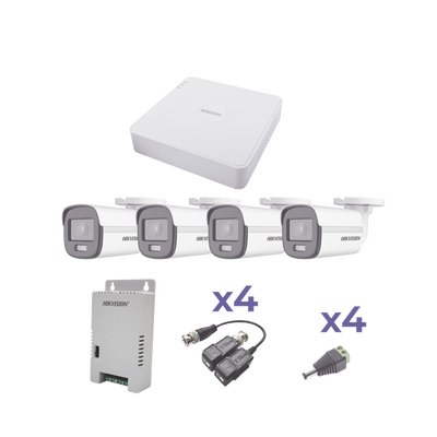 KIT COLORVU TURBOHD 1080p Lite / DVR 4 Canales / 4 Cámaras Bala (exterior 2.8 mm) / Transceptores / Conectores / Fuente de Poder Profesional