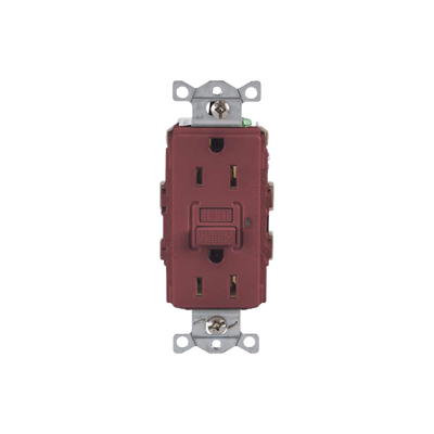 Contacto de Auto-verificación GFCI con Interruptor de Falla a Tierra de 15 A 125 V 2 Polos/ Color Rojo / Nema 5-15R / Grado Industrial Comercial.