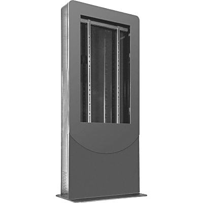 Kiosko modo Vertical para interior color Negro / Soporta Pantallas de 65" hasta 4" de Profundidad / Estructura de Acero con Placa Base 3/8" / 6 Salidas Supresor de Picos UL/cUL / Ventilación Termostática / Puertas de Acceso Se
