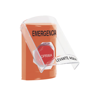 ​Botón Multipropósito, Color Naranja, De Superficie, Con Tapa De Policarbonato, Con Bocina Pre Alarma, Solo Interior, Llave Para Restablecer, Texto De Emergencia, Español