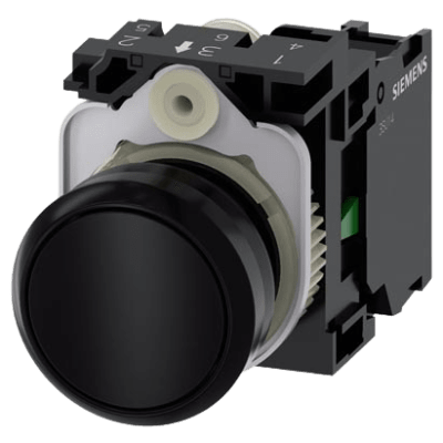 Botón 3SU11000AB101BA0 Sirius 22mm, Color negro, Incluye soporte y contacto Normalmente Abierto.