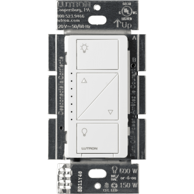 (Caseta Wireless) Atenuador de pared. Aumenta/Disminuye Intensidad de Iluminación.  No requiere cable neutro. 150W LED / 600W INC/HAL