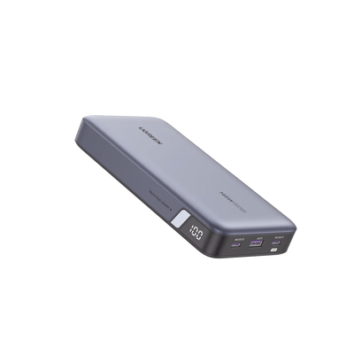 Power Bank de 25000mAh | 3 Salidas 145W Max. | USB-A + 2 USB-C | PD 3.0, QC3.0 | FCP | SCP | Pantalla Inteligente | Carcasa Ignifuga | Color Gris | Incluye Cable USB de 50cm | Carga tu Laptop de Manera Segura.