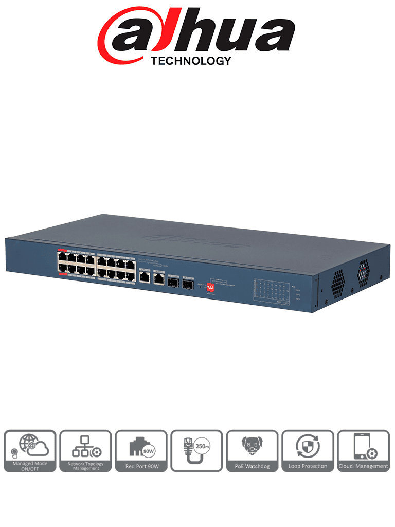 DAHUA DH-CS4218-16ET-240-V2 - Switch  PoE Administrable de 18 Puertos / 16 Puertos PoE/ 240 Watts Totales/ Interfaz Web/ Puerto 1 y 2 Soportan 90 Watts/ 2 Puertos SFP/ 2 Puertos Uplink/ Administrable Cloud Dolink Care/ PoE Watchdog/ Switching 8.8 Gbps/