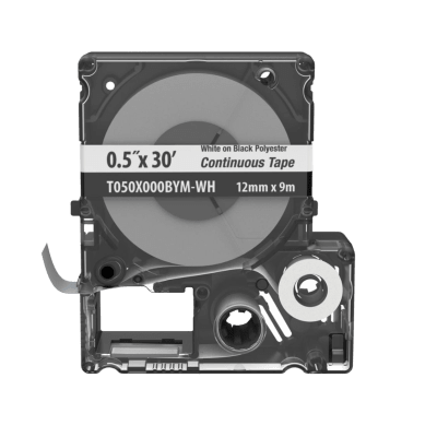 Casete de Etiquetas de Poliéster de Cinta Continua, Color Blanco Sobre Negro, 11.8 mm (0.47 Pulgadas) de Ancho x 9 Metros (29.5 Pies) de Largo