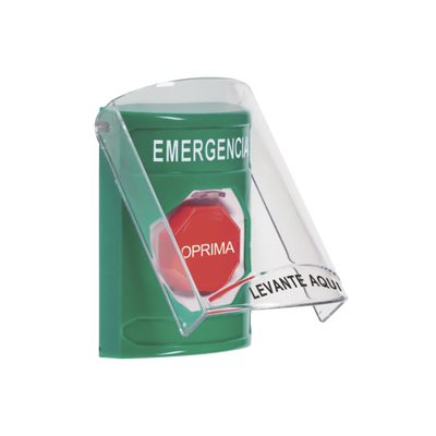 ​​Botón Multipropósito, Color Verde, De Superficie, Con Tapa De Policarbonato, Con Bocina Pre Alarma, Solo Interior, Llave Para Restablecer, Texto De Emergencia, Español