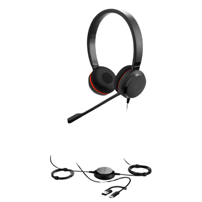 Jabra Evolve 30 II Duo MS con conexión USB C/A y 3.5mm, micrófono con cancelación de ruido y controlador en el cable con botones e indicadores LED (5399-823-369))