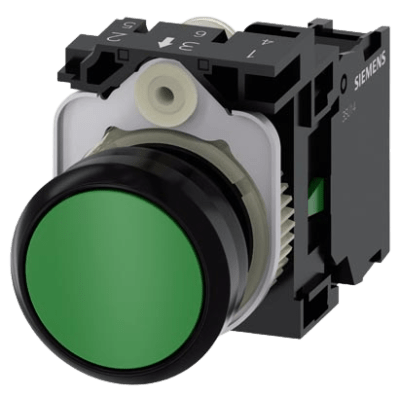 Botón 3SU11000AB401BA0 Sirius 22mm, Color Verde, Incluye soporte y contacto Normalmente Abierto.