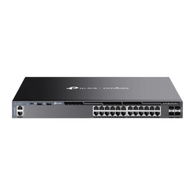 Switch Omada L3 SDN Administrable / 24 puertos Gigabit y 4 puertos SFP+ / Funciones RIP, VRRP, Servidor DHCP / Administración centralizada OMADA / Fuente Redundante