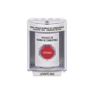 Botón de Apagado de Bomba de Combustible, Tapa Protectora de Policarbonato Súper Resistente con Espaciador, Acción Mantenida , Texto en Español