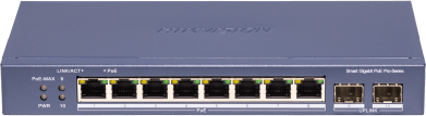 Switch PoE+ / Administrable / Uso en Rack / 8 Puertos 10/100 PoE+ /  2 Puertos 1000 Mbps Uplink  / 2 Puertos SFP / Configuración Nube desde Hik-PartnerPro / Modo Extendido hasta 300 Metros / 125 W