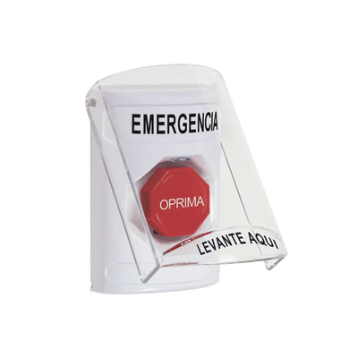 ​Botón Multipropósito, Color Blanco, De Superficie, Con Tapa De Policarbonato, Con Bocina Pre Alarma, Solo Interior, Llave Para Restablecer, Texto De Emergencia, Español