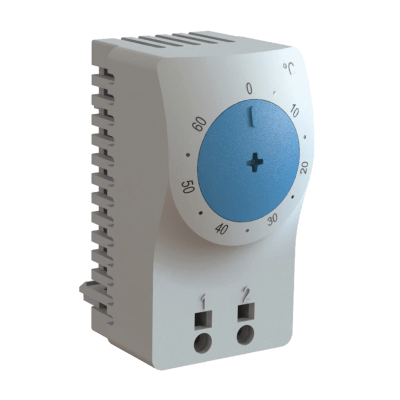 Termostato/Interruptor Para Control de Temperatura en Grados Celsius, Para Uso con Ventiladores, Con Terminales de Conexión, y Clip para Riel Din de 35 mm, Color Gris Claro