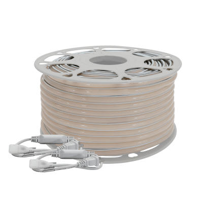 Manguera LED Luminosa Blanca de Resina Transparente y Flexible / Para uso Interior o Exterior / Carrete de 50 m/ 110V CA  4.2 A/ 500 W Potencia / T.C.C. 6500 K.
