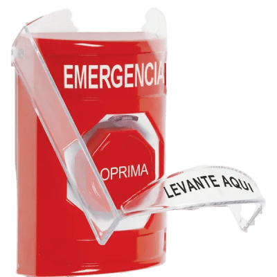 ​​Botón Multipropósito, Color Rojo, De Superficie, Con Tapa De Policarbonato, Con Bocina Pre Alarma, Solo Interior, Llave Para Restablecer, Texto De Emergencia, Español