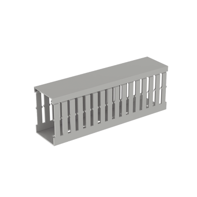 CANALETA RANURADA DE PVC CON TAPA, TIPO F, 49.5 MM DE ANCHO, 72.4 MM DE ALTO Y 2 M DE LARGO, COLOR GRIS