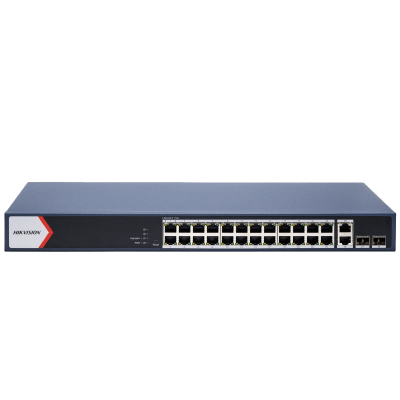 Switch Gigabit PoE+ / Administrable / 24 Puertos 1000 Mbps PoE+ / 2 Puertos 1000 Mbps Uplink  / 2 Puertos SFP Uplink / Configuración Nube Hik-Partner Pro / Modo Extendido hasta 300 Metros / 230 W