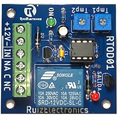 Tarjeta Temporizadora RTOD01 / Retardo 0-60 segundos / Duración 0-60 segundos / Alimentación 12VDC / Salida Relevador NA-NC-C / Indicadores LED