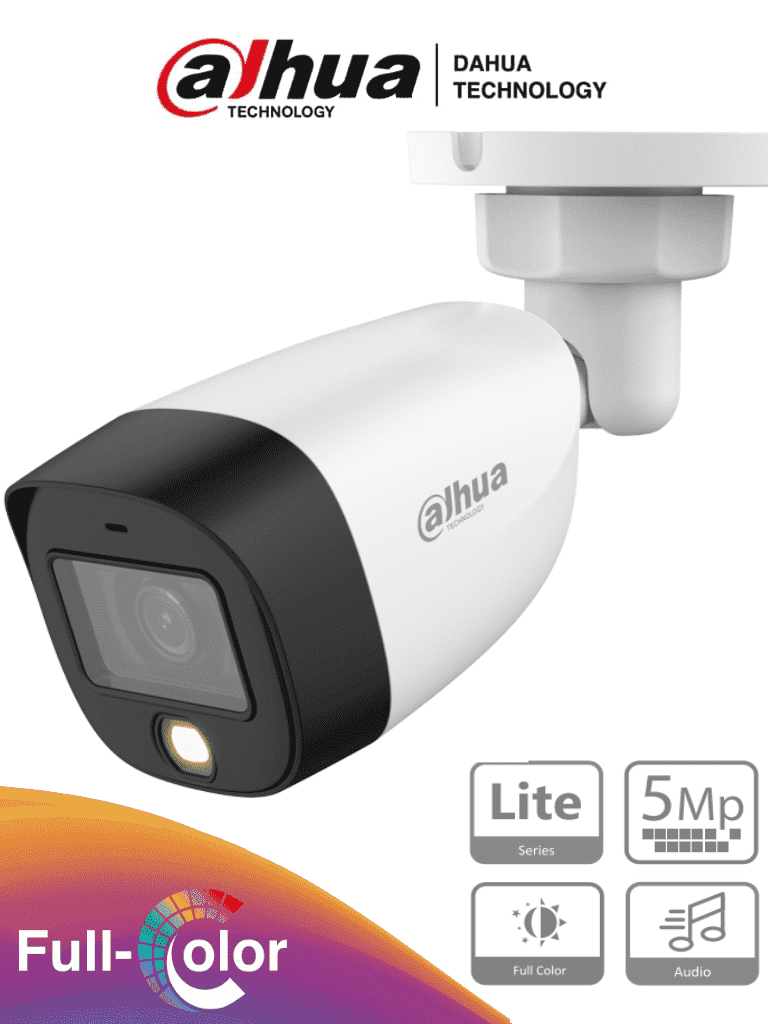 DAHUA HAC-HFW1509CN-A-LED - Cámara Bullet Full Color de 5 MP con lente de 2.8 mm y apertura de 112°. Incluye micrófono integrado, LEDs para visión nocturna hasta 20 metros, WDR de 120 dB y tecnología Starlight. Resistente al agua IP67