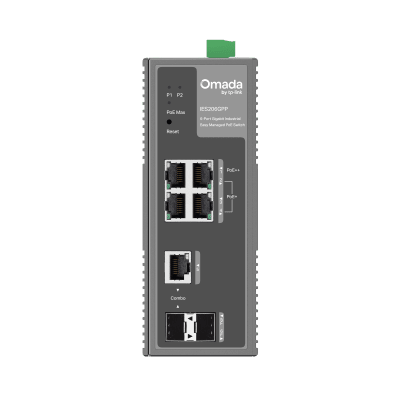 Switch Industrial Easy Managed / 6 Puertos Gigabit (4 PoE) / 120W PoE Budget / IP40 / -40°C a 75°C / 6kV Protección Rayos / Cloud Management Omada / DIN-Rail