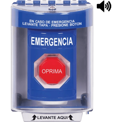 ​Botón Multipropósito, Color Azul, De Superficie con Espaciador, C/Tapa De Policarbonato, C/Bocina Pre Alarma, Interior/Exterior, Llave Para Restablecer, Texto De Emergencia, Español