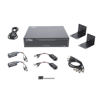 Kit de TRANSCEPTOR ACTIVO DE 4 CANALES / VIDEO+PODER en un solo Cable UTP / 150 metros en 4K, 200 metros en 5 MP/ Envía 36 Vcc y Recibe 12 Vcc / TODO INCLUIDO PARA RACK / Compatible con cámaras HD-TVI/CVI/AHD/CVBS / INSTALACIÓN LIMPIA