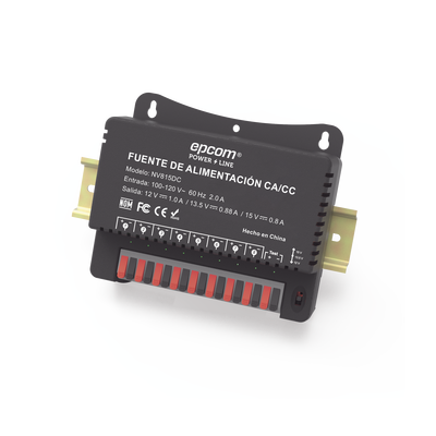 Fuente de Poder / Para 8 Cámaras / Ajustables a 12 o 13.5 o 15 Vcc / 8 Amperes / Instalación en Pared.