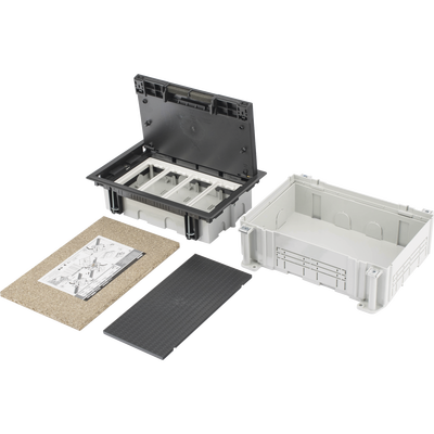 Caja Para Instalación en Pavimento para Voz, Datos o Contactos Eléctricos / Capacidad para 4 Módulos / Espacio Embellecedor en la Tapa / Profundidad Ajustable de 70 a 100 mm (2.76 a 3.94 pulgadas) / Los Módulos se Adquieren Aparte / Incluye Registro