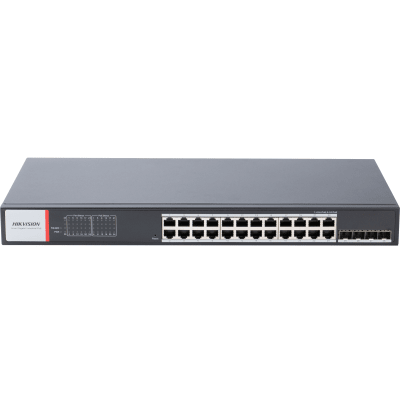 Switch Gigabit PoE+ / Administrable / 24 Puertos 1000 Mbps PoE+ / 4 Puertos SFP / Configuración Nube Hik-PartnerPro / Modo Extendido hasta 300 Metros / 370 W