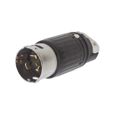 Enchufe Macho con Bloqueo de Media Vuelta Trifásico / 50 A 250 VCA 3 Fases / 3 Polos 4 Hilos / Grado Industrial / Color Negro y Blanco.