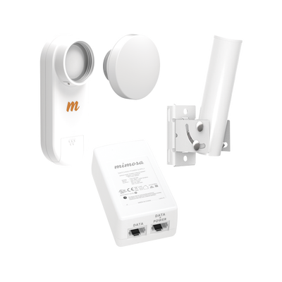 Kit de radio C5X, rango de frecuencia extendida (4.9 a 6.4 GHz),  incluye inyector POE, montaje universal para tubo o poste Y una antena de 12 dBi