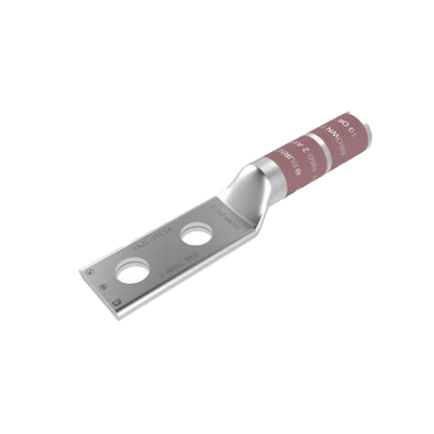 Zapata Terminal de Compresión  de Barril Largo con Doble Ojillo para Tornillo 1/2" y Cable 2  AWG / Espaciado de 1 3/4".