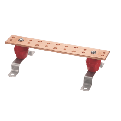 Barra Unión Telecom TMGB / 12 x 2 x 1/4 in / Cobre 100% / 6+12 Orificios / Montaje Muro Incluido / Aisladores Rojos / J-STD-607-A
