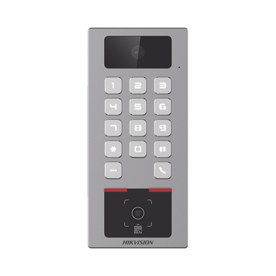 (PoE / 2 Relays) Teclado con Lector Físico de QRs para Exterior Antivandálico IP65 & IK09 con función de Videoportero Multiapartamento / Tarjeta, Código QR, PIN o App HikConnect  / Cámara 2 MP compatible con NVRs /