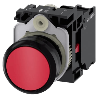 Botón 3SU11000AB201CA0 Sirius 22mm, Color Rojo, Incluye soporte y contacto Normalmente Cerrado.