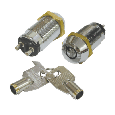 Interruptor de Llave Tubular / Diseño "See-Saw'"Anti retorcimiento / Carcasa de Aleación de Zinc Cromado / Contactos Plateados con Tratamiento Anti-Sulfuración / Base de Bachelita / Terminales Redondos / 2A@12VDC