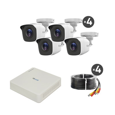 KIT TurboHD 720p / DVR 4 canales / 4 Cámaras Bala de Policarbonato / 4 Cables 18 Mts / 1 Fuente de Poder Profesional 