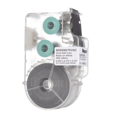 Casete de 450 Etiquetas Autolaminadas de 12.7 x 19.1 mm (0.5 x 0.75 pulgadas), para Cables de 2 a 4 mm (0.08 a 0.16 pulgadas) de Diámetro, Área de Impresión Color Blanco