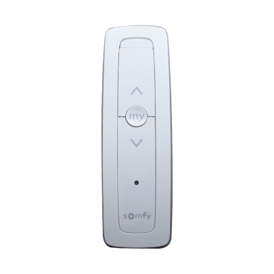Control remoto 1 canal para motores de persiana Somfy con señal inalámbrica, instrucciones: sube, baja y detener, con posición favorita programada.