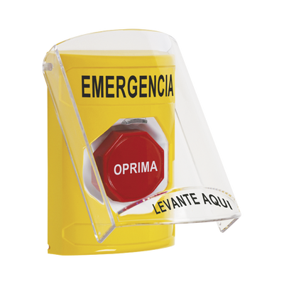 ​Botón Multipropósito, Color Amarillo, De Superficie, Con Tapa De Policarbonato, Con Bocina Pre Alarma, Solo Interior, Llave Para Restablecer, Texto De Emergencia, Español