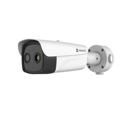 (Hikmicro) Bala IP Dual / Térmica 25 mm (384 X 288 ) / Óptico 12.4 mm (4 Megapixel) / 100 mts IR / IP67 / PoE / VCA 3.0 / NEMA 4X / Termométrica / Detección de Temperatura y Fuego / Micro SD
