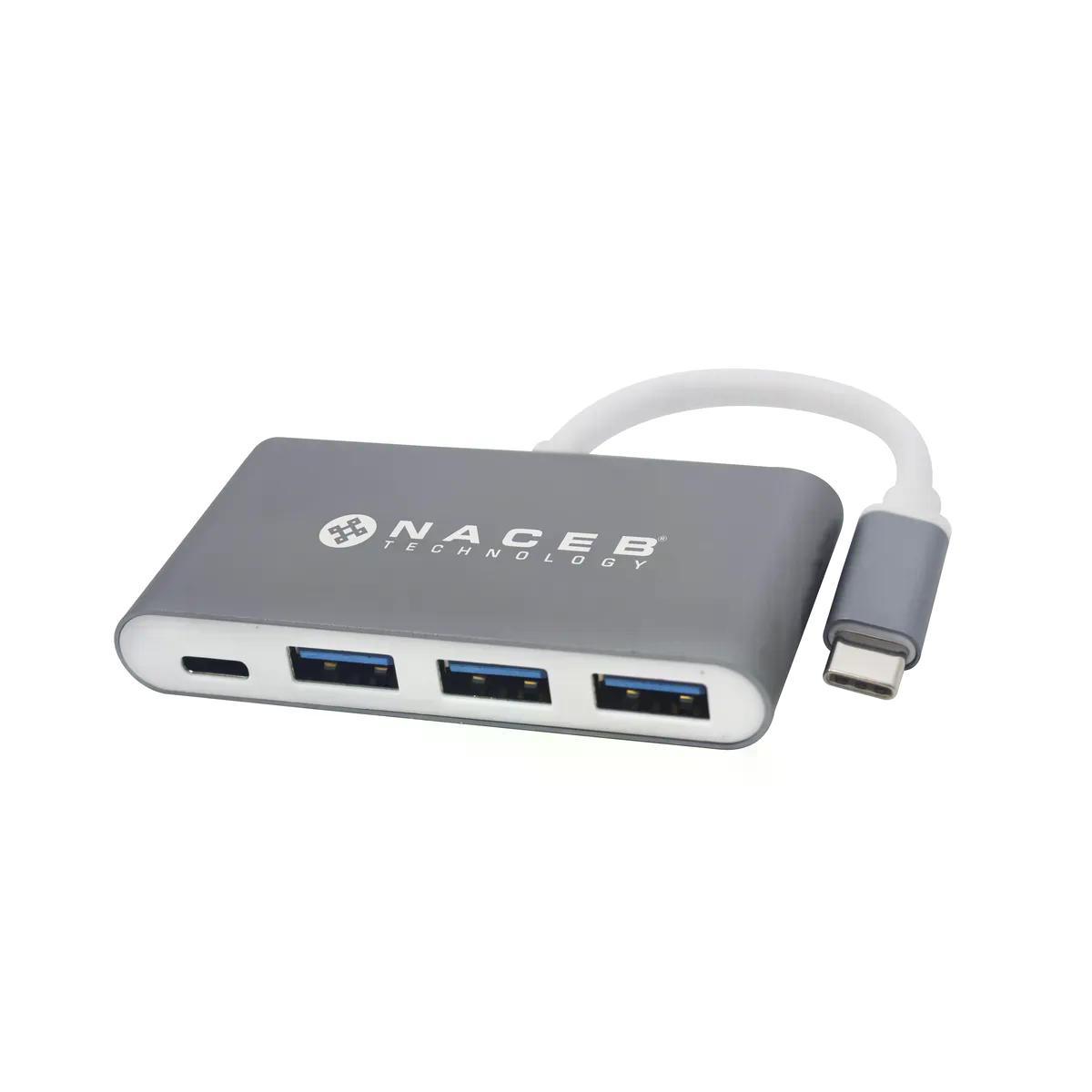 HUB NACEB USB C MACHO 3X USB A HEMBRA 1X USB C HEMBRA PLATA